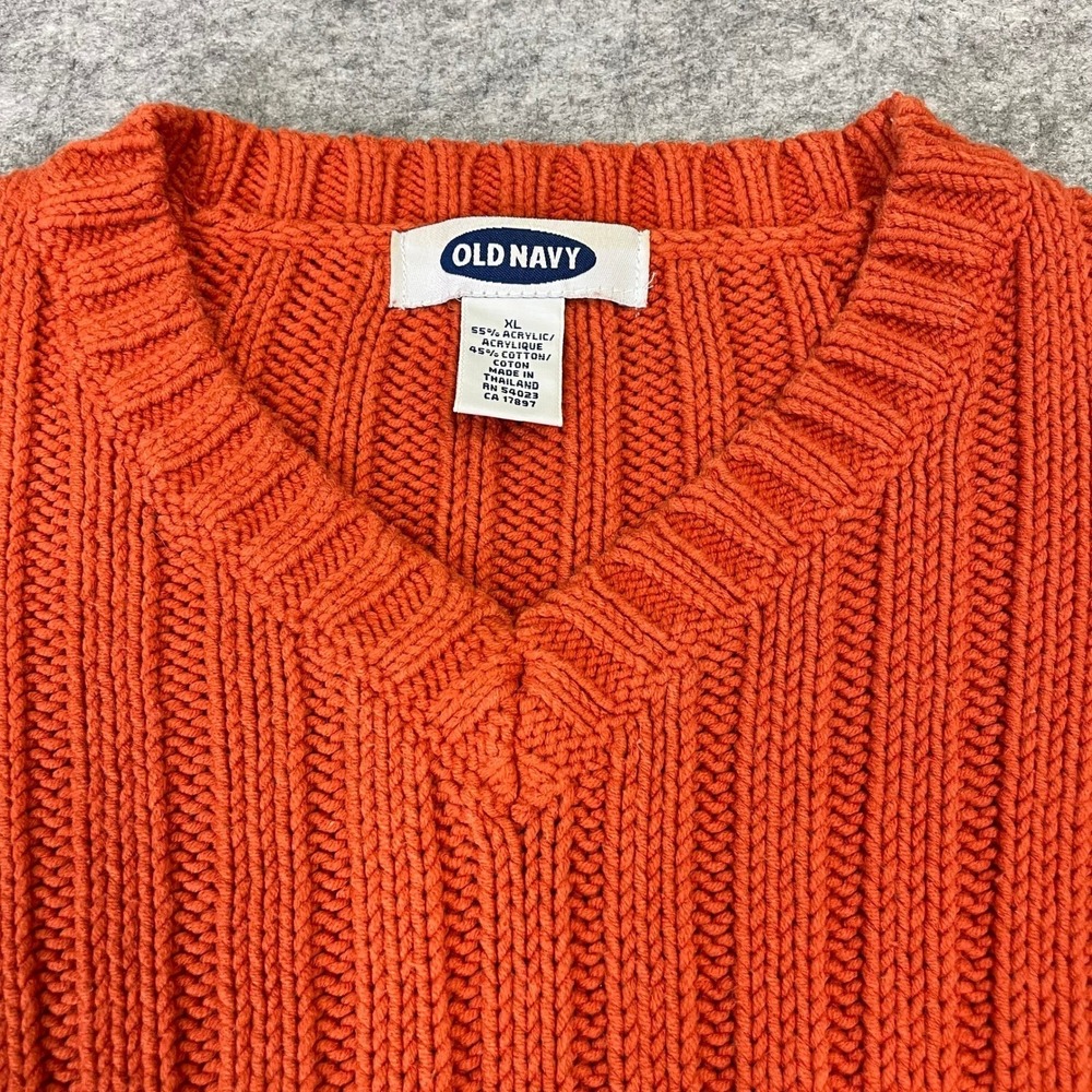 Y2K Old Navy Mens XL Orange Shaker Stitch V-Neck Ribbed Knit Pullover Sweater